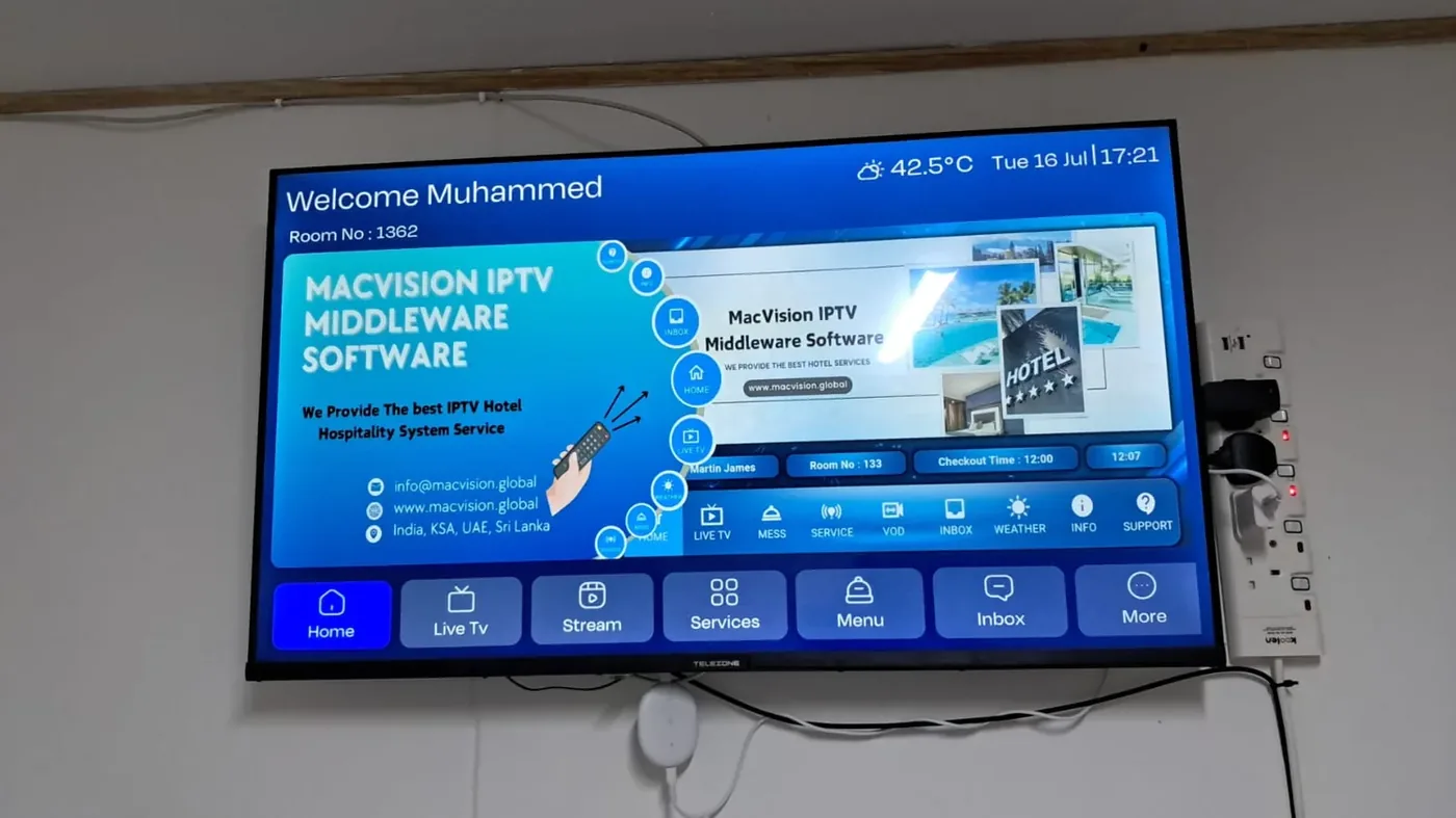 Jeddah hospitality delivery image of mACVISION IPTV middleware operating on a room television at the labour camp